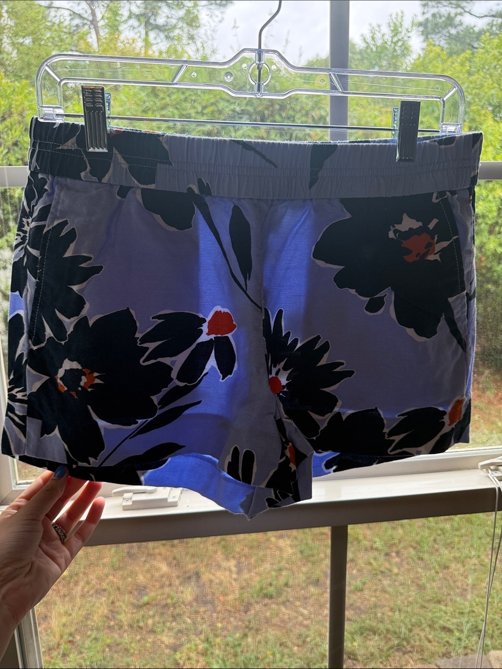 J. Crew Black Floral Elastic-Waist Shorts with Lavender Background